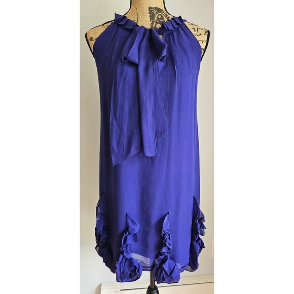 Rebecca Taylor Blue 100% Silk Dress. Ruffles, Bow, Sleeveless, Sexy Dress, Sz 4 - Picture 3 of 12